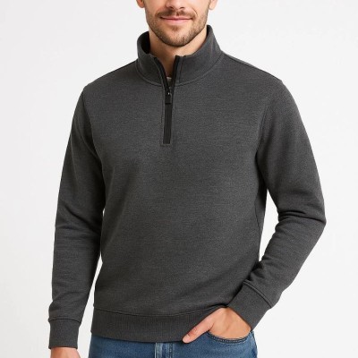 Erkek Dik Yaka Yarım Fermuarlı 3 İplik Pamuklu Sweatshirt -  Antrasit