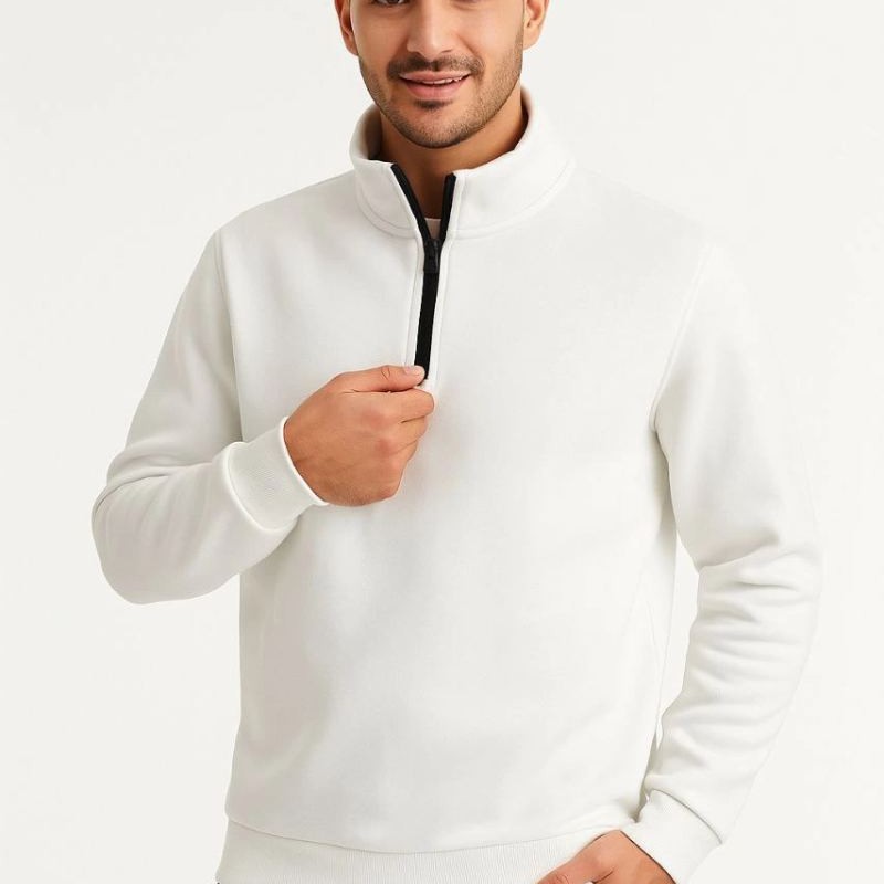 Erkek Dik Yaka Yarım Fermuarlı 3 İplik Pamuklu Sweatshirt - Beyaz