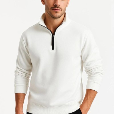 Erkek Dik Yaka Yarım Fermuarlı 3 İplik Pamuklu Sweatshirt - Beyaz