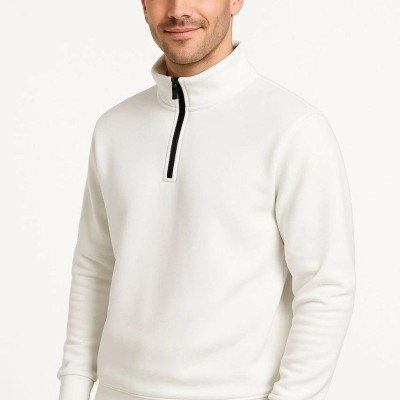 Erkek Dik Yaka Yarım Fermuarlı 3 İplik Pamuklu Sweatshirt - Beyaz