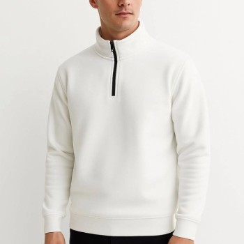 Erkek Dik Yaka Yarım Fermuarlı 3 İplik Pamuklu Sweatshirt - Beyaz