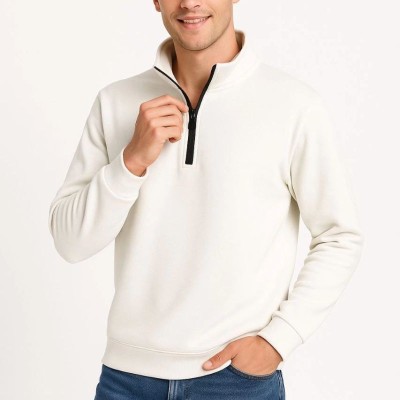 Erkek Dik Yaka Yarım Fermuarlı 3 İplik Pamuklu Sweatshirt - Beyaz