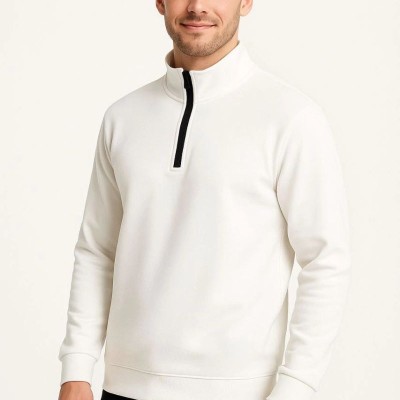 Erkek Dik Yaka Yarım Fermuarlı 3 İplik Pamuklu Sweatshirt - Beyaz