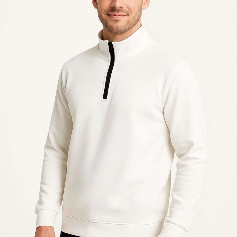 Erkek Dik Yaka Yarım Fermuarlı 3 İplik Pamuklu Sweatshirt - Beyaz