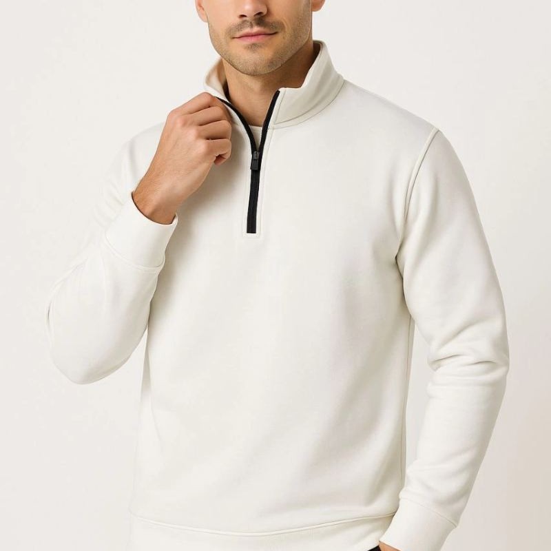 Erkek Dik Yaka Yarım Fermuarlı 3 İplik Pamuklu Sweatshirt - Beyaz