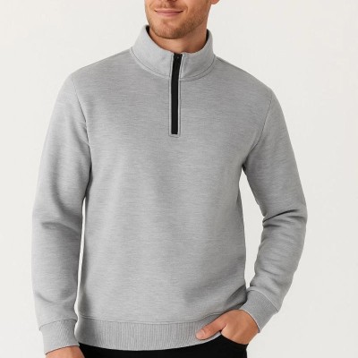 Erkek Dik Yaka Yarım Fermuarlı 3 İplik Pamuklu Sweatshirt - Gri