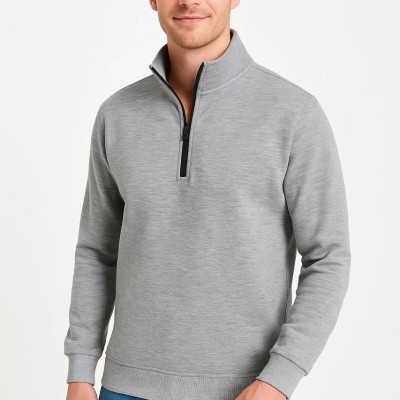 Erkek Dik Yaka Yarım Fermuarlı 3 İplik Pamuklu Sweatshirt - Gri