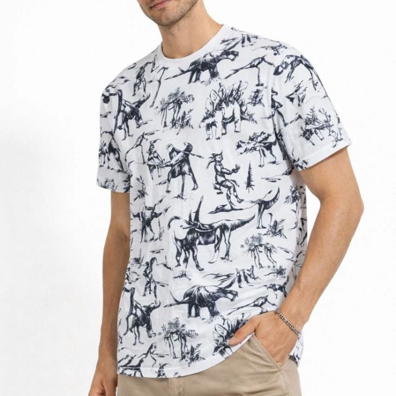 Erkek Dinozor Dijıtal ön ve arka Baskılı Tişört Bisiklet Yaka T-Shirt - Beyaz