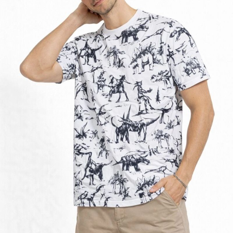Erkek Dinozor Dijıtal ön ve arka Baskılı Tişört Bisiklet Yaka T-Shirt - Beyaz