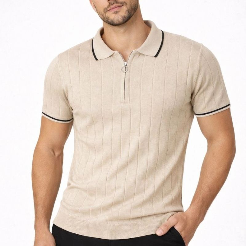 Erkek Dokuma Triko Tişört Fermuarlı Polo Yaka Yazlık Kısa Kol T-Shirt 2’li Set Bej-Beyaz