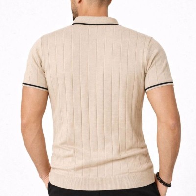 Erkek Dokuma Triko Tişört Fermuarlı Polo Yaka Yazlık Kısa Kol T-Shirt 2’li Set Bej-Beyaz