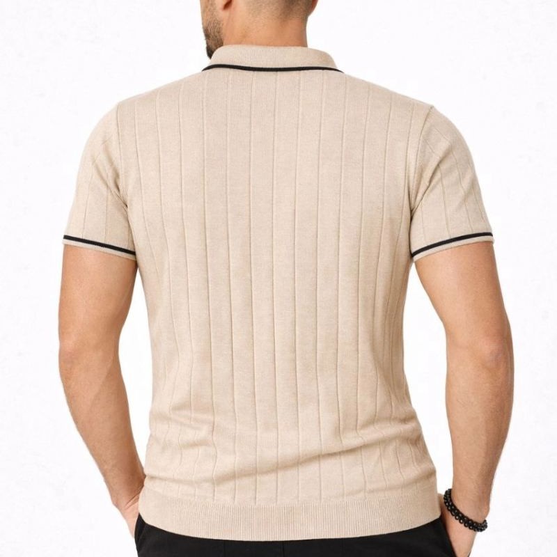 Erkek Dokuma Triko Tişört Fermuarlı Polo Yaka Yazlık Kısa Kol T-Shirt 2’li Set Bej-Beyaz