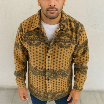 Erkek Düğmeli Gömlek Polar Sweatshirt Yumuşak Dokulu Oversize Kalıp -Sarı