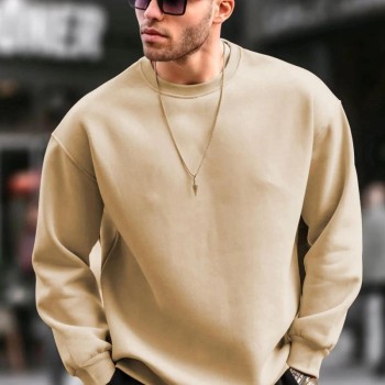 Erkek Düz Bisiklet Yaka 3 iplik pamuklu Sweatshirt - Bej