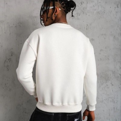 Erkek Düz Bisiklet Yaka 3 iplik pamuklu Sweatshirt - Beyaz
