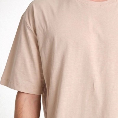 Erkek Düz Penye Tişört Bisiklet Yaka Kısa Kol Regular Fit T-Shirt - Bej