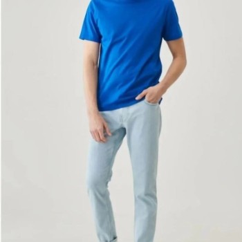 Erkek Düz Penye Tişört Bisiklet Yaka Kısa Kol Regular Fit T-Shirt - Mavi