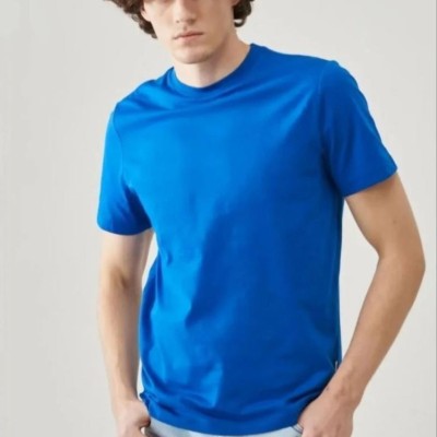 Erkek Düz Penye Tişört Bisiklet Yaka Kısa Kol Regular Fit T-Shirt - Mavi