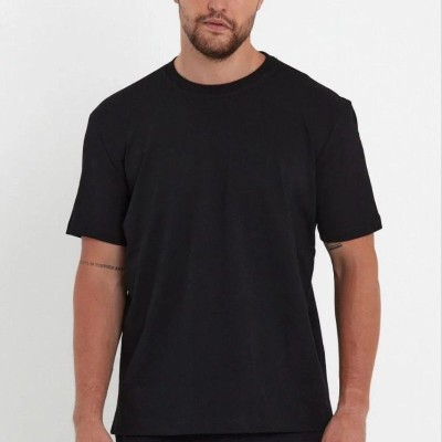 Erkek Düz Penye Tişört Bisiklet Yaka Kısa Kol Regular Fit T-Shirt - Siyah
