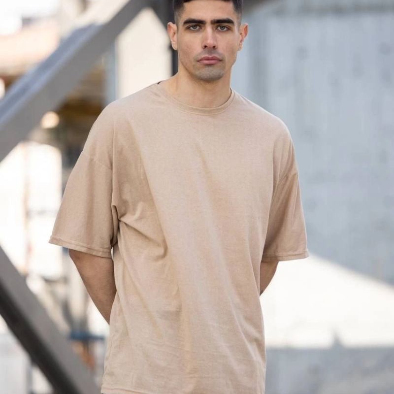 Erkek Düz T-Shirt Kısa Kol Bisiklet Yaka Regular Fit Rahat Kalıp Günlük Tişört - Bej