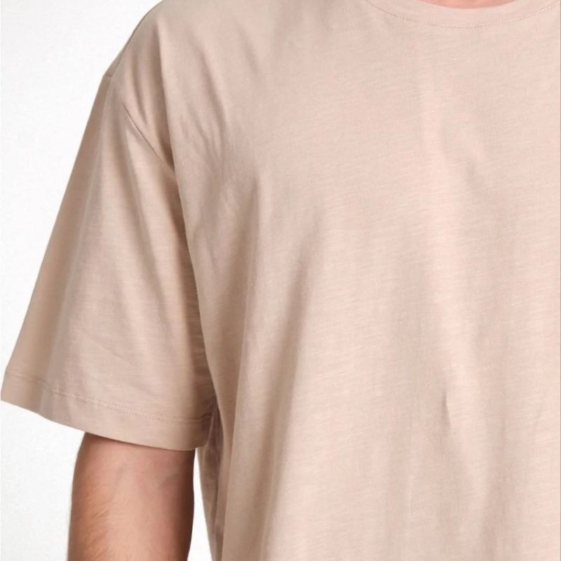 ERKEK Düz Tişört Bisikilet Yaka Kısa Kol Oversize T-shirt - Bej