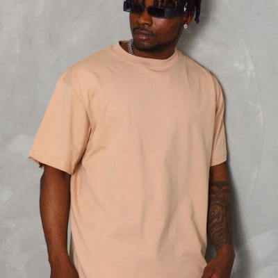 Erkek Düz Yazlık Kısa Kol Tişört Bisiklet Yaka Oversize T-Shirt - Bej