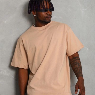 Erkek Düz Yazlık Kısa Kol Tişört Bisiklet Yaka Oversize T-Shirt - Bej