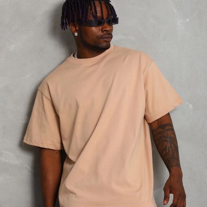 Erkek Düz Yazlık Kısa Kol Tişört Bisiklet Yaka Oversize T-Shirt - Bej