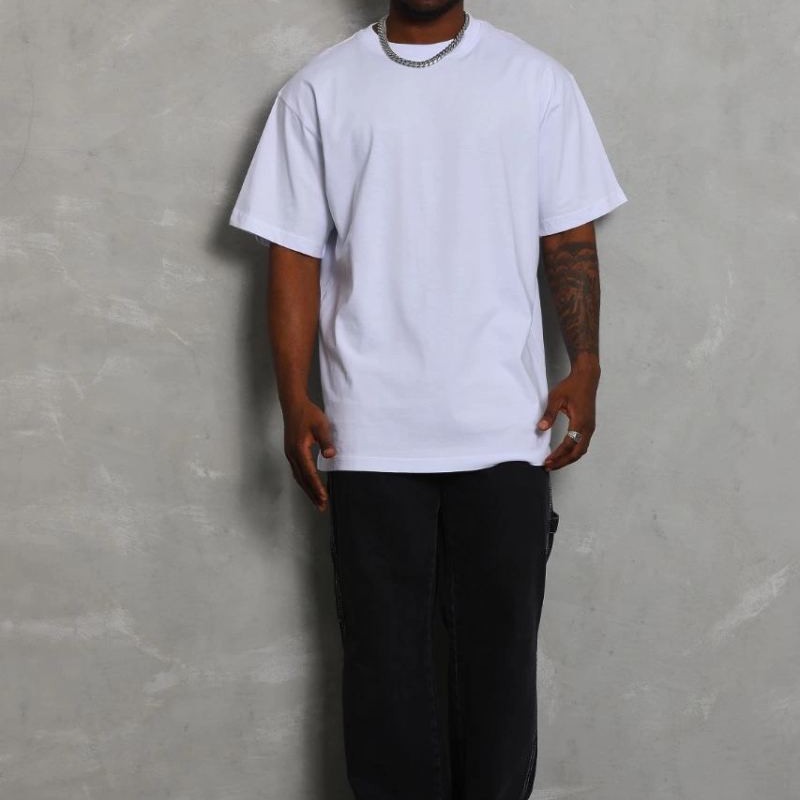 Erkek Düz Yazlık Kısa Kol Tişört Bisiklet Yaka Oversize T-Shirt - Beyaz
