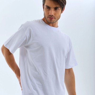 Erkek Düz Yazlık Kısa Kol Tişört Bisiklet Yaka Oversize T-Shirt - Beyaz