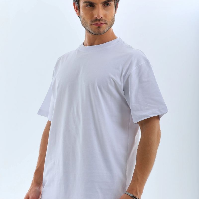 Erkek Düz Yazlık Kısa Kol Tişört Bisiklet Yaka Oversize T-Shirt - Beyaz