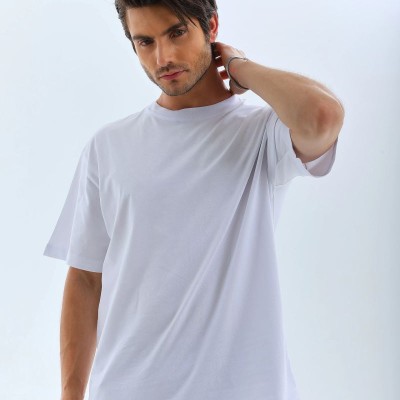 Erkek Düz Yazlık Kısa Kol Tişört Bisiklet Yaka Oversize T-Shirt - Beyaz