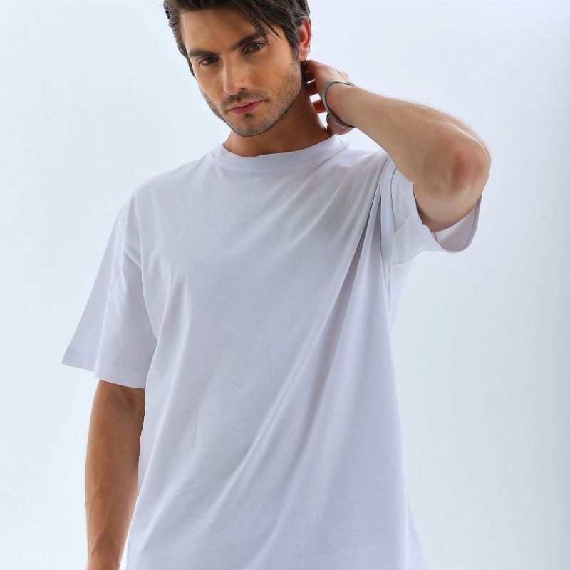 Erkek Düz Yazlık Kısa Kol Tişört Bisiklet Yaka Oversize T-Shirt - Beyaz