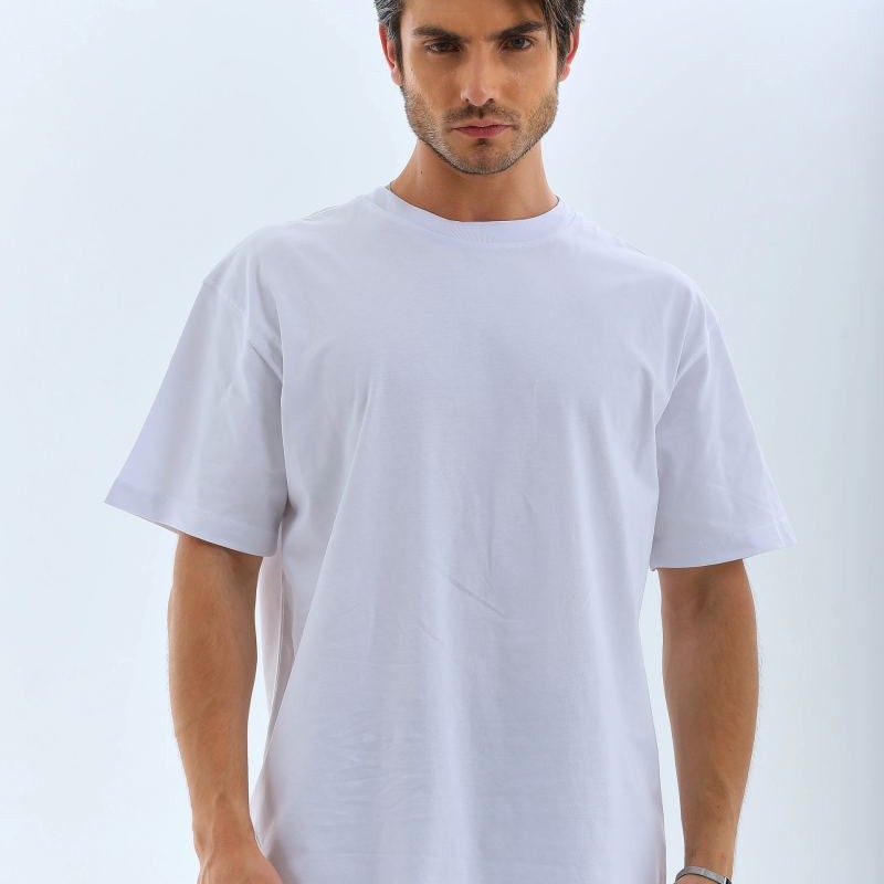 Erkek Düz Yazlık Kısa Kol Tişört Bisiklet Yaka Oversize T-Shirt - Beyaz
