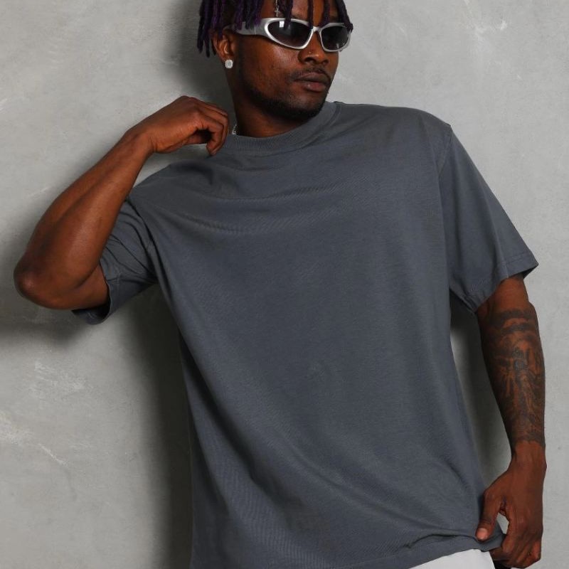 Erkek Düz Yazlık Kısa Kol Tişört Bisiklet Yaka Oversize T-Shirt - Füme
