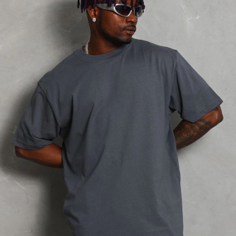 Erkek Düz Yazlık Kısa Kol Tişört Bisiklet Yaka Oversize T-Shirt - Füme