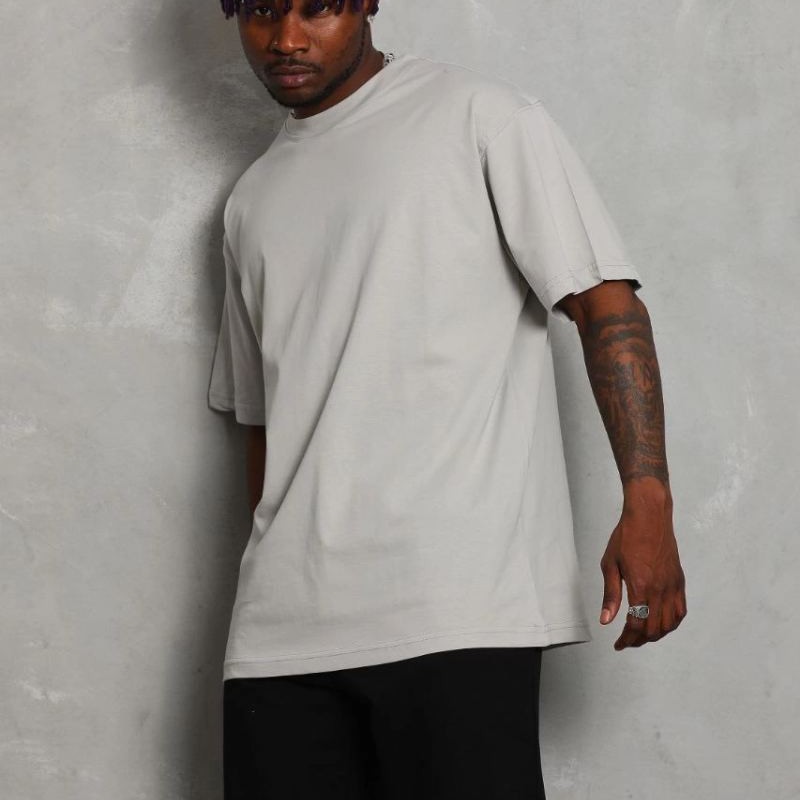 Erkek Düz Yazlık Kısa Kol Tişört Bisiklet Yaka Oversize T-Shirt - Gri
