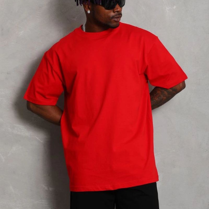 Erkek Düz Yazlık Kısa Kol Tişört Bisiklet Yaka Oversize T-Shirt - Kırmızı