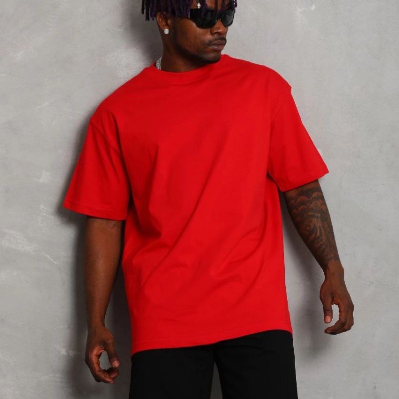 Erkek Düz Yazlık Kısa Kol Tişört Bisiklet Yaka Oversize T-Shirt - Kırmızı
