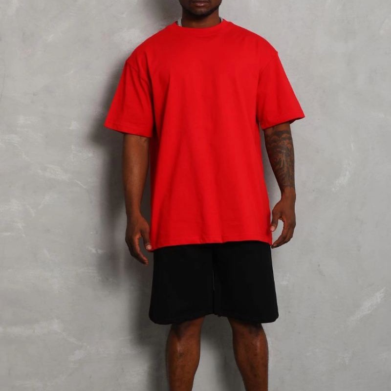 Erkek Düz Yazlık Kısa Kol Tişört Bisiklet Yaka Oversize T-Shirt - Kırmızı