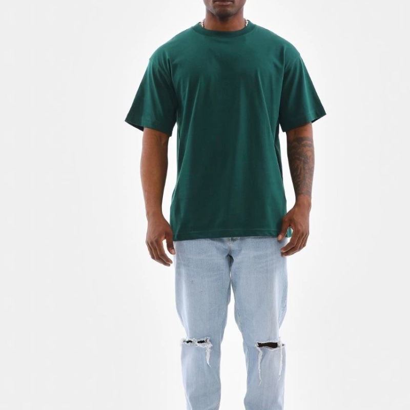 Erkek Düz Yazlık Kısa Kol Tişort Bisiklet Yaka Oversize T-Shirt - Koyu Yeşil