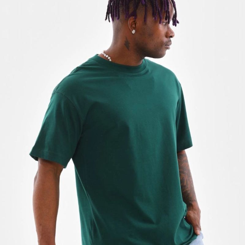 Erkek Düz Yazlık Kısa Kol Tişort Bisiklet Yaka Oversize T-Shirt - Koyu Yeşil