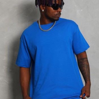 Erkek Düz Yazlık Kısa Kol Tişört Bisiklet Yaka Oversize T-Shirt - Mavi