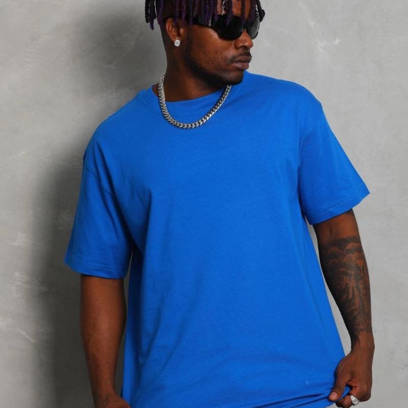 Erkek Düz Yazlık Kısa Kol Tişört Bisiklet Yaka Oversize T-Shirt - Mavi