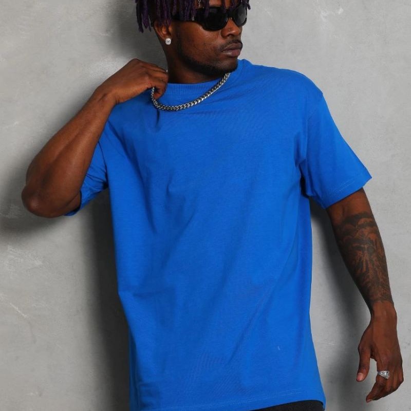 Erkek Düz Yazlık Kısa Kol Tişört Bisiklet Yaka Oversize T-Shirt - Mavi