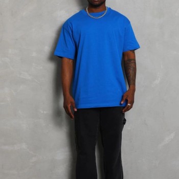 Erkek Düz Yazlık Kısa Kol Tişört Bisiklet Yaka Oversize T-Shirt - Mavi