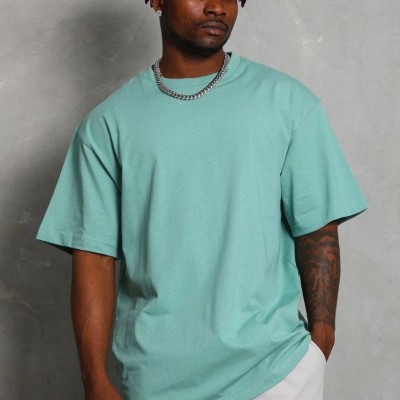 Erkek Düz Yazlık Kısa Kol Tişört Bisiklet Yaka Oversize T-Shirt - Mint Yeşili