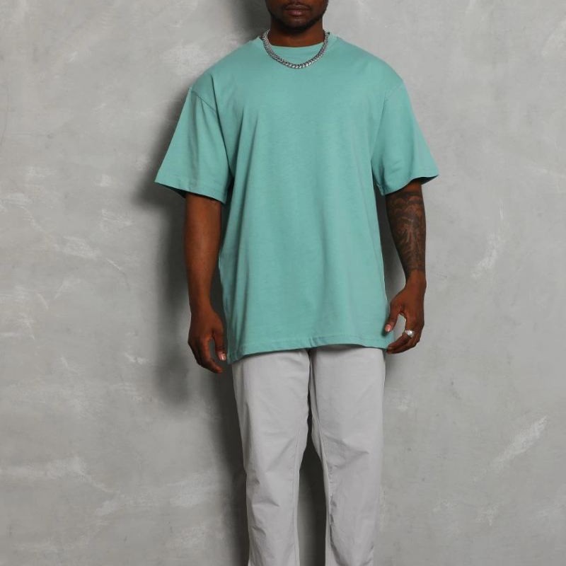 Erkek Düz Yazlık Kısa Kol Tişört Bisiklet Yaka Oversize T-Shirt - Mint Yeşili