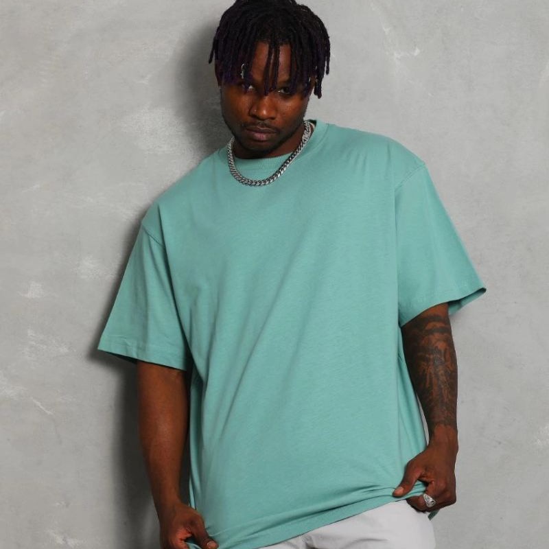 Erkek Düz Yazlık Kısa Kol Tişört Bisiklet Yaka Oversize T-Shirt - Mint Yeşili