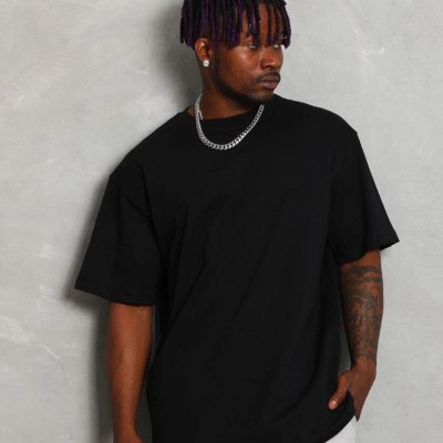 Erkek Düz Yazlık Kısa Kol Tişört Bisiklet Yaka Oversize T-Shirt - Siyah